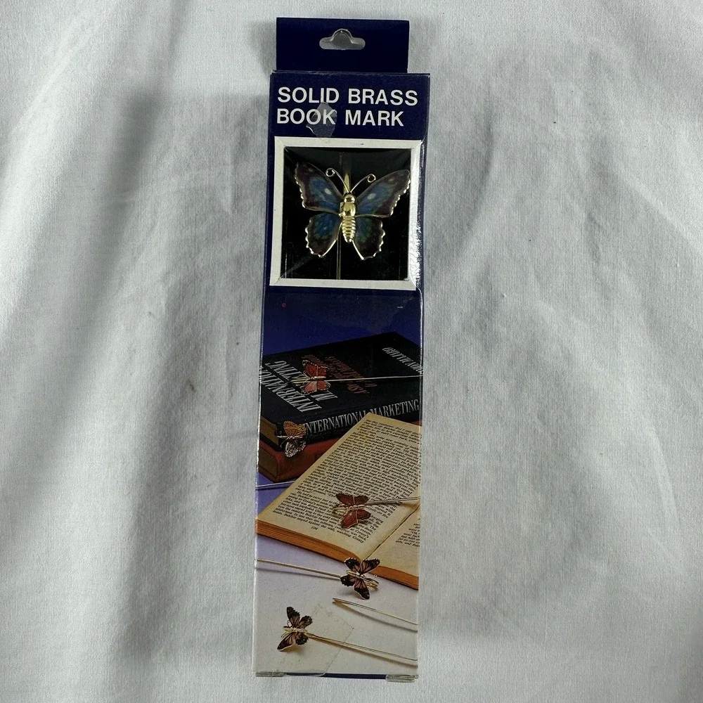 Vintage Solid Brass‎ Butterfly Bookmark Blue Enamel Book Mark w/ Box
